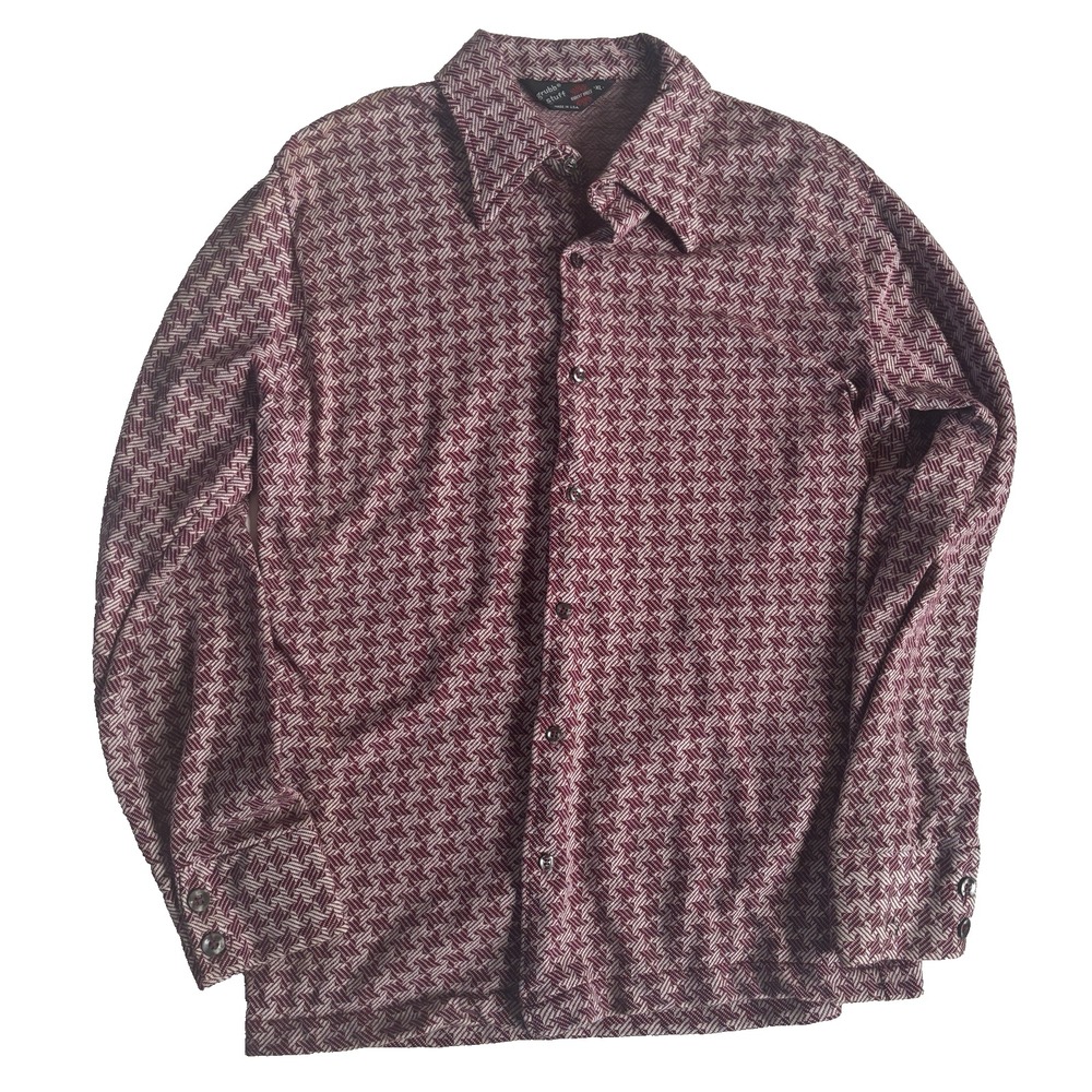 vintage 70s mens red Houndstooth disco retro knit shirt polyester L XL